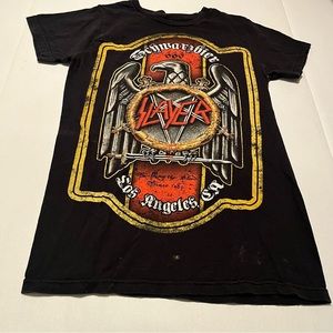 Slayer Mens SZ Approx. XS‎ Black Short Sleeve Shirt Heavy Metal Band Vintage 80s